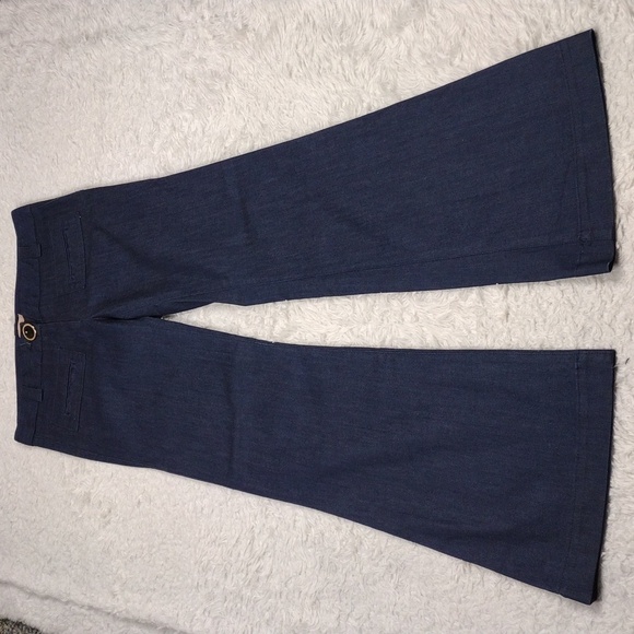 Sandro Blue Dark Wash Mid Rise Zipper Front Wide Flare Leg Dress Denim Pant - Picture 2 of 13